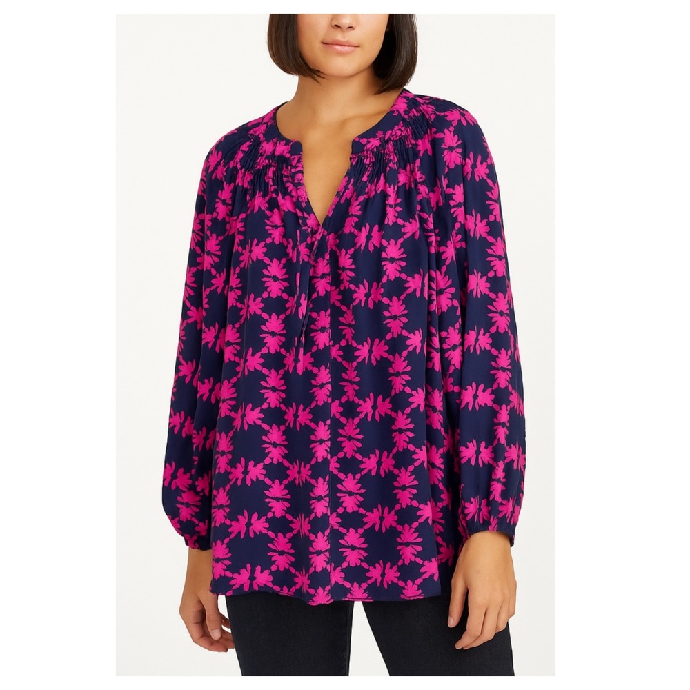 Lilly Pulitzer Elsa 100% Silk Top blouse Size L get hoppy frog novelty navy pink